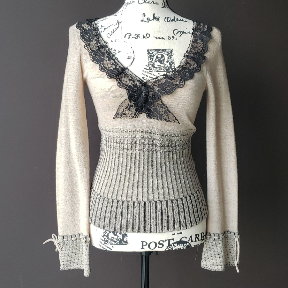 Nanette Lepore Beige Sweater with Black Lace S